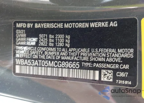 2021 BMW M440I из США, поврежденный, VIN WBA53AT05MCG89665